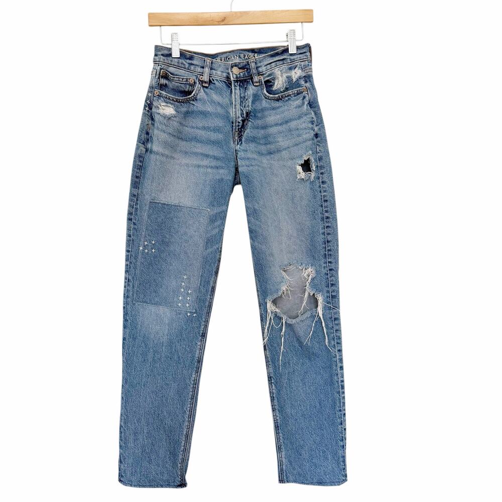 American Eagle 90s Straight Distressed Patchwork Jeans Sz 0